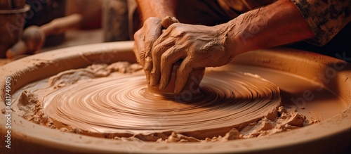 Creating pottery involves shaping wet clay on a potter's wheel, often with a spiral pattern. This process can be seen from a top view with copy space.