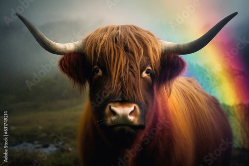 Highland cow rainbow view. Generate Ai