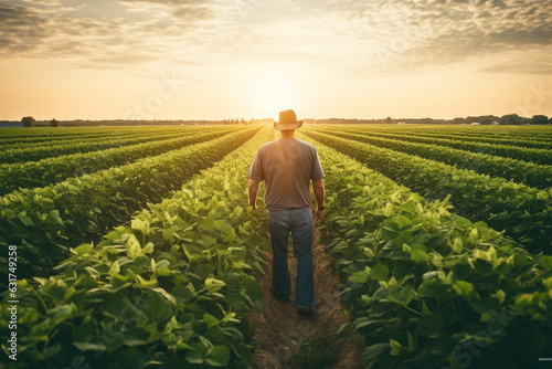 Unrecognizable male farmer standing in soybean plants rows