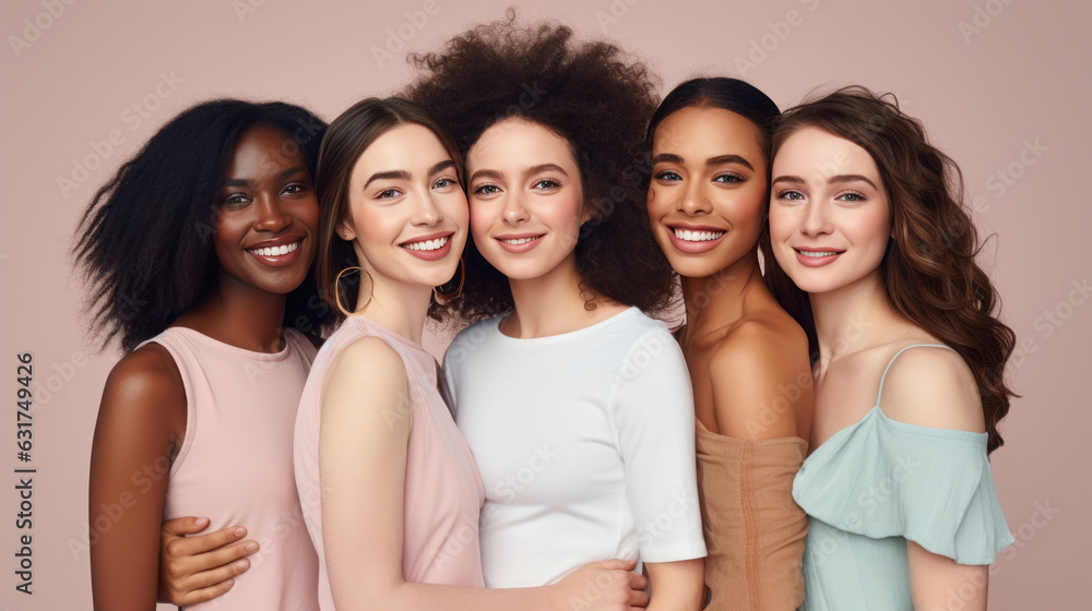 Portrait of three young multiracial women standing together and smiling at the camera isolated over a pastel background Portrait of three young multiracial women standing together and smiling at the camera isolated over a pastel background