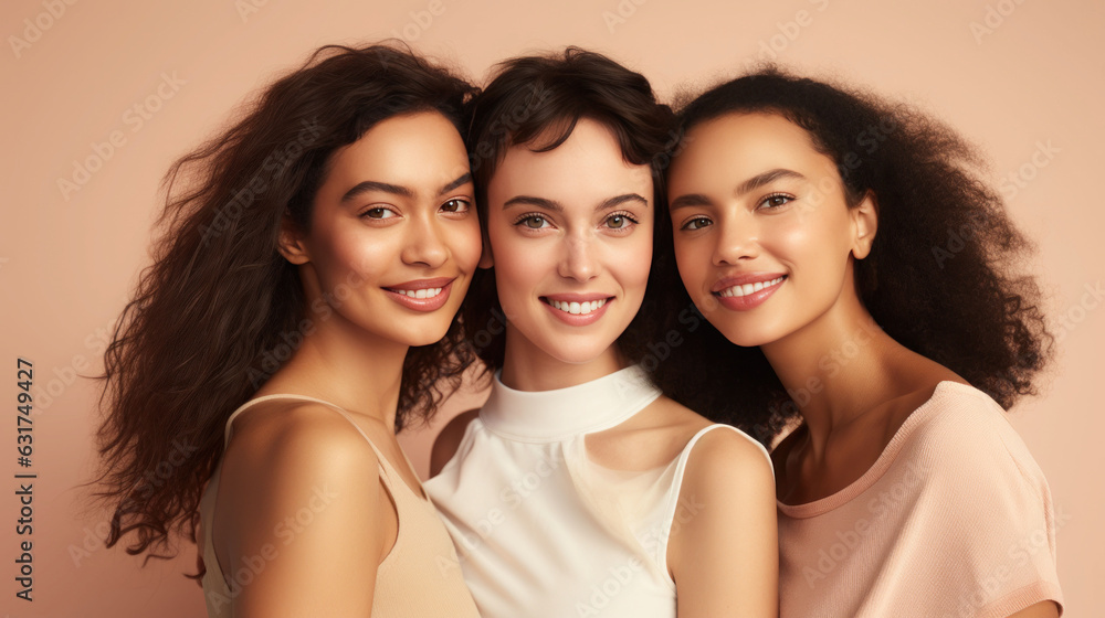 Portrait of three young multiracial women standing together and smiling at the camera isolated over a pastel background Portrait of three young multiracial women standing together and smiling at the camera isolated over a pastel background