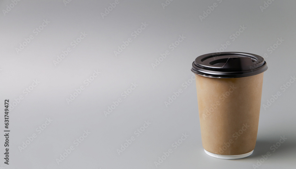 Paper coffee container on gray background. Takeaway drink cap container. Template of drink cup for your design. Free space for input text, image, and logo. Paper coffee container on gray background. Takeaway drink cap container. Template of drink cup for your design. Free space for input text, image, and logo.
