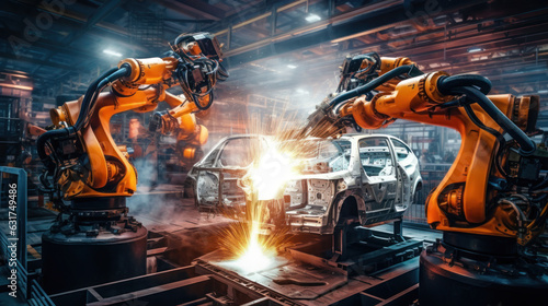 Robotic arm welding car structure in the industrial factory, Realistic