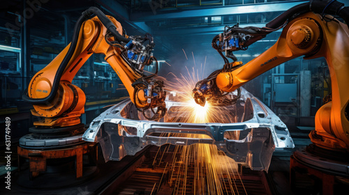 Robotic arm welding car structure in the industrial factory, Realistic