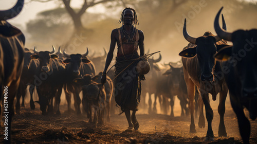 The daily life of the Mandari people of Southern Sudan herding the long-horned Ankole Watusi cattle © EmmaStock