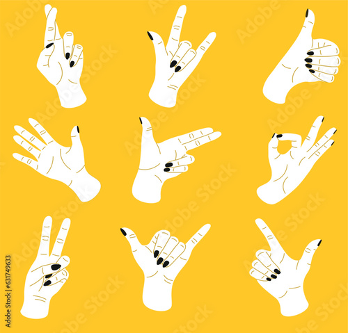 Doodle hands. Various divers male or female arms showing symbols. Gesturing clipart. Seamless pattern. Ok or victory finger pose. Contemporary print. Nail manicure. Vector gestures set