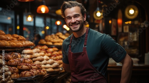 A raw, emotional photograph, man pastry, his looking is happy and professional. Generative AI