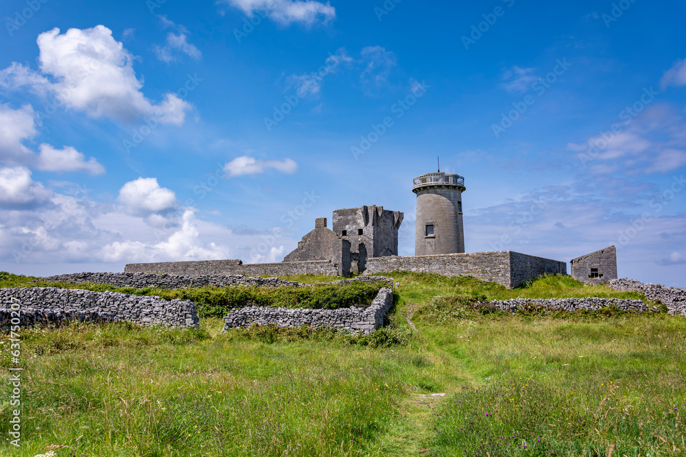 Stone ruins of the castle and lighthouse at Inishmore island, Galway