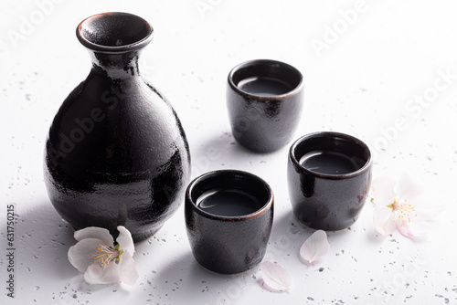Special Japanese sake with pink blooming flowers.