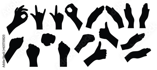 Black Silhouette of the gesture diverse people hands fists palm isolated on white background.