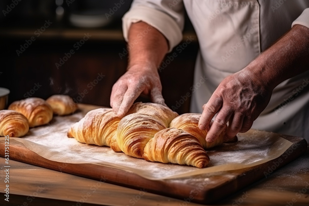 Unrecognizable man hands prepare dough for croissant sweet dessert