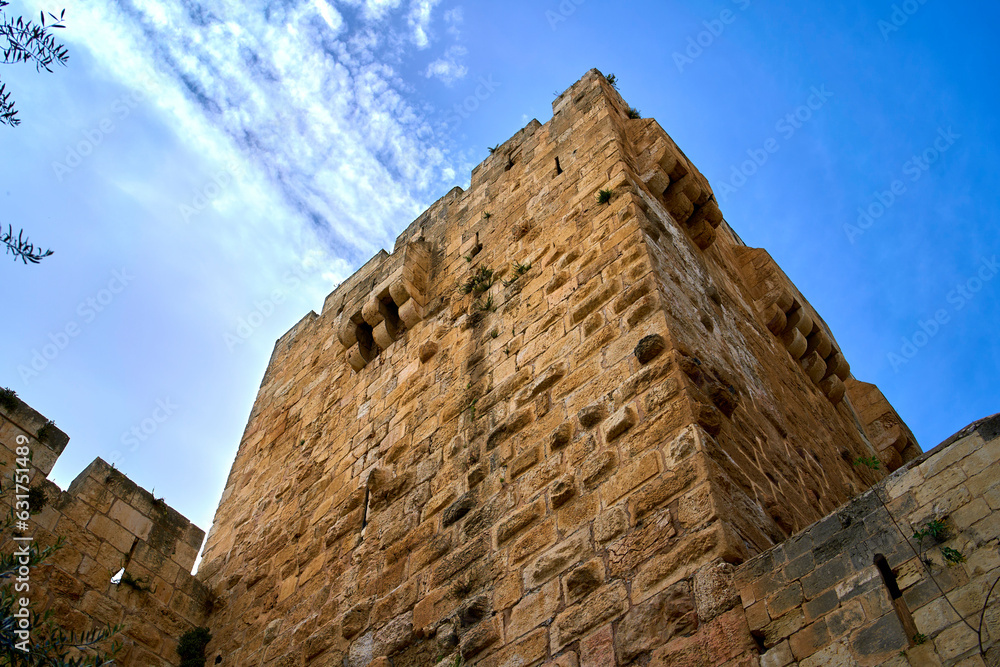 Fortified stone walls of the ancient city of Jerusalem