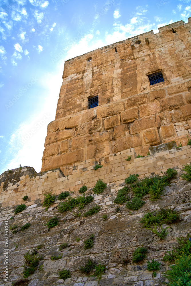 Fortified stone walls of the ancient city of Jerusalem