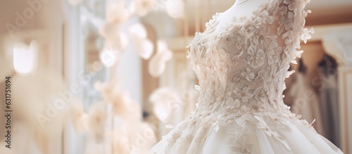 Obraz na płótnie Close-up of a stunning wedding gown displayed on a mannequin in a boutique. w salonie