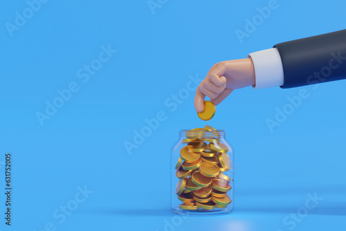 Hand put coin in clear glass jar or piggy bank, saving money concept, 3D rendering.