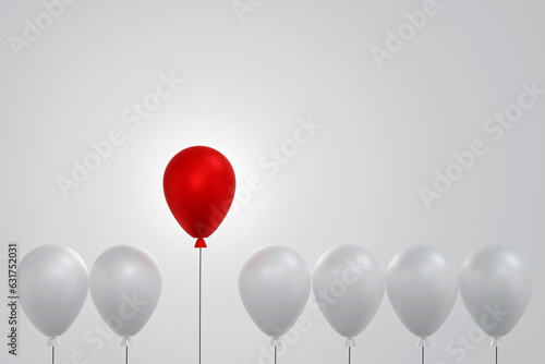 Red balloon floating higher than group of white balloon, leader, creative, different, thinking, idea, 3D rendering.