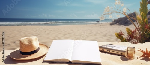 A blank writing book is placed on a background with summer beach accessories. copy space available in the image.