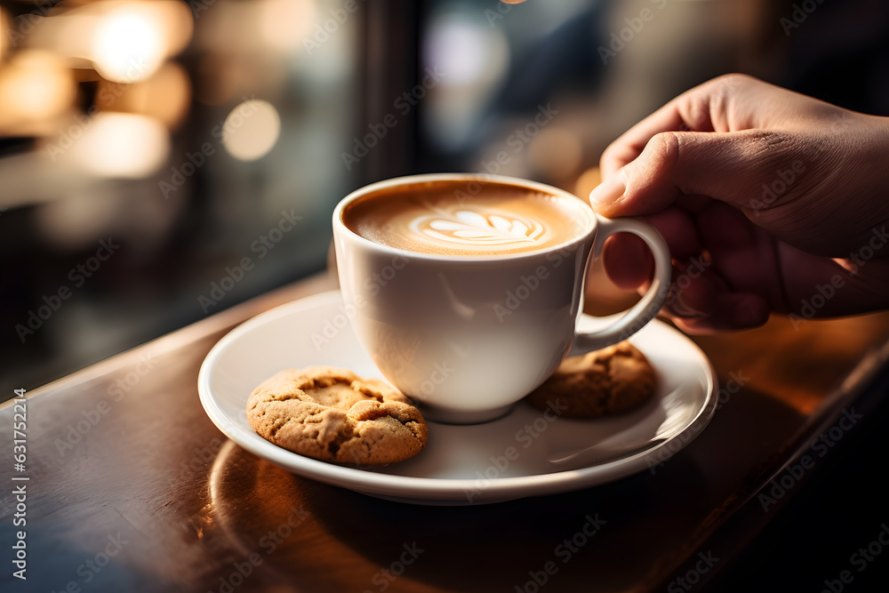 Fototapeta premium Morning Bliss in a Cosy Cafe: Fresh Cup of Coffee - Generative AI