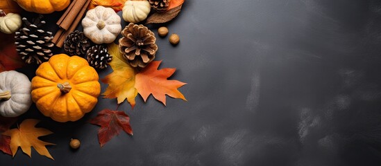 A cozy flat lay image of an autumn-themed frame filled with natural pine cones, pumpkins, dried leaves, and a pumpkin latte on a dark grey stone surface. This fall and Thanksgiving background offers