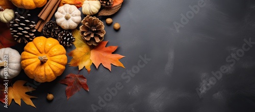 Fotografiet A cozy flat lay image of an autumn-themed frame filled with natural pine cones, pumpkins, dried leaves, and a pumpkin latte on a dark grey stone surface