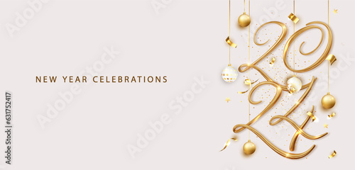 New year 2024 greeting banner on bright background. Golden realistic 3d number
