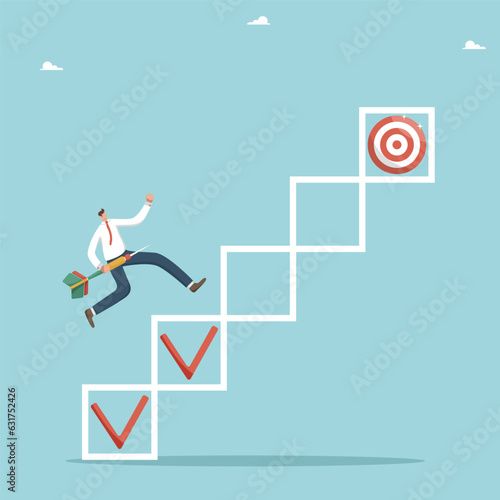 Planning and time management for successful achievement of goals, tracking workflow and progress of projects, successful completion of tasks, man runs with dart through icons with checkmarks to target