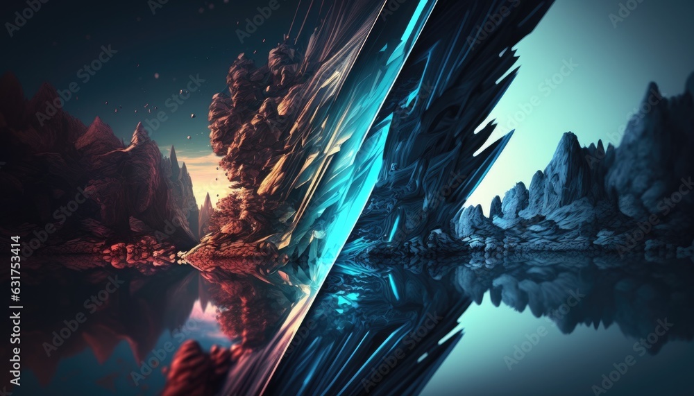 an abstract mountain scene in a futuristic light, in the style of crystalcore, detailed marine views, epic landscapes, ray tracing, fantastical ruins, luminous shadows, wallpaper, background