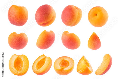 Bright orange apricots with pink side - rich set isolated on white background, whole and cut on half, slices, different sides, closeup, details. Summer fresh natural fruits as many design elements.