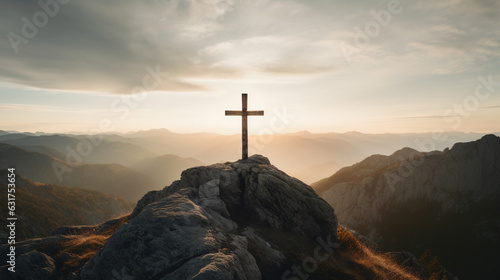 A powerful image of a Christian cross on a mountaintop, underscoring the symbol's significance in life's journey Generative AI