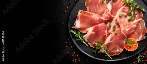 Top view of Italian Prosciutto Cotto with pork ham slices on a black background, ready to be served. copy space available. photo