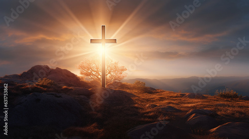 An inspirational picture of a Christian cross planted on a hill, a beacon of light guiding the way Generative AI © Denis Yevtekhov
