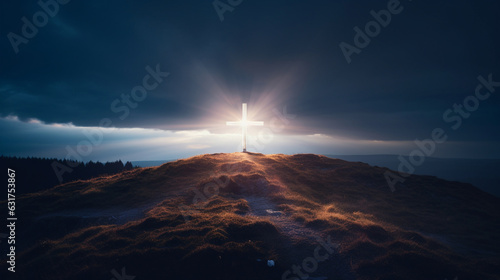 Foto An inspirational picture of a Christian cross planted on a hill, a beacon of lig