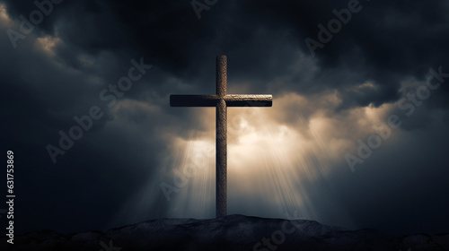 A dramatic image of a Christian cross silhouetted against a stormy sky, evoking themes of redemption and triumph Generative AI