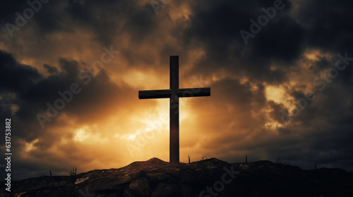 A dramatic image of a Christian cross silhouetted against a stormy sky, evoking themes of redemption and triumph Generative AI