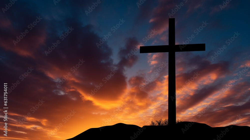 A striking silhouette of a Christian cross against a vibrant sky, evoking a sense of transcendence and spirituality Generative AI