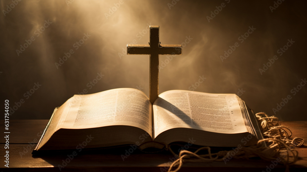 A timeless picture of a Christian cross with an open Bible resting against it, illustrating the intertwining of scripture and faith Generative AI