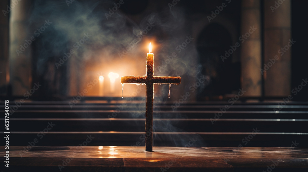 A soulful image of a Christian cross illuminated by candlelight during a midnight Easter vigil, symbolizing Christ's resurrection Generative AI