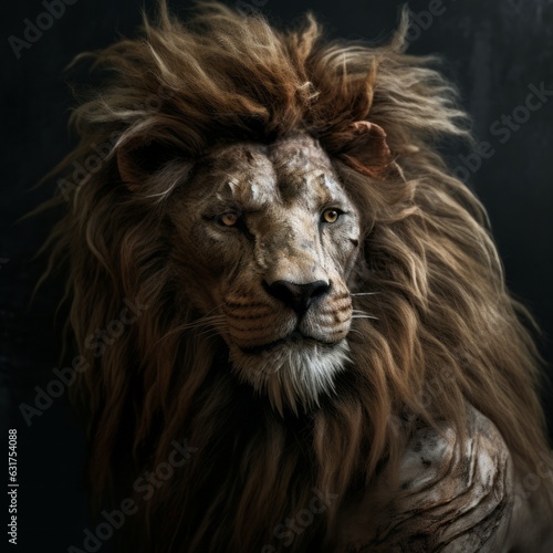 Portrait of а humanoid lion in vintage brown coat on а dark background. Art illustration of adult lion face with huge mane looking away. Animal portrait. Art fantasy image of Lion. Studio shot