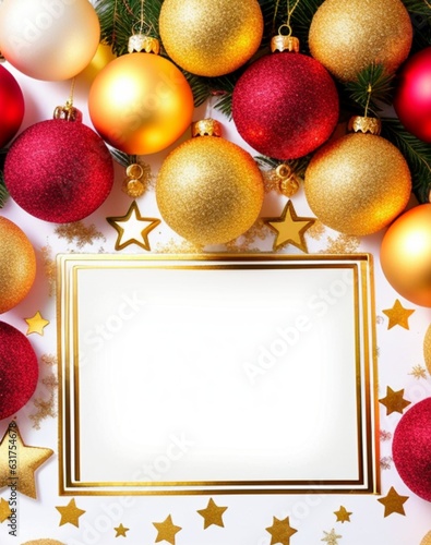 Christmas and New Year background with golden frame and baubles. with copy space  Generative AI