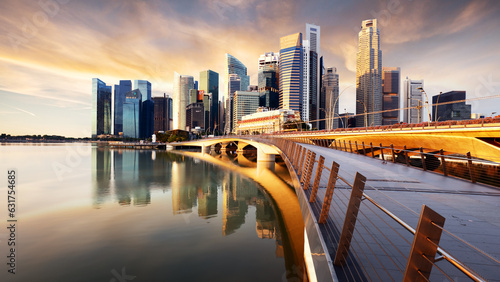 Singapore with bridge and skyscraprest at sunrise