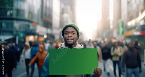Man of African American descent holding up a sign at a rally or demonstration. The sign is blank green screen. Shallow field of view