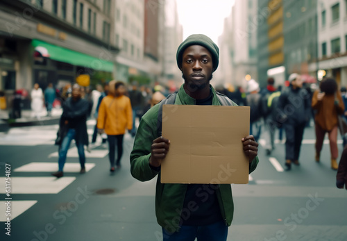 African American man holding up a cardboard sign at a rally or demonstration. The sign is blank for copy space. Shallow field of view © henjon