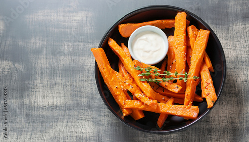 Sweet potato sticks in a black bowl served with white sauce, top view. Vegetarian food and healthy eating concept. photo