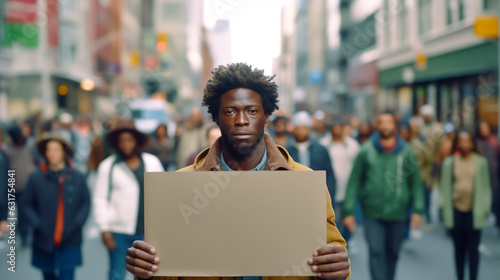 African American man holding up a cardboard sign at a rally or demonstration. The sign is blank for copy space. Shallow field of view