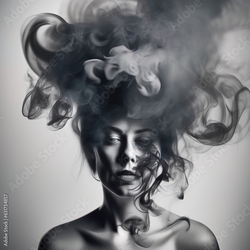 beautiful young girl with smoke and black background