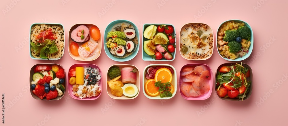 top view of school lunchboxes filled with different healthy and nutritious meals. The background is pink, and empty space available for including text or other information.