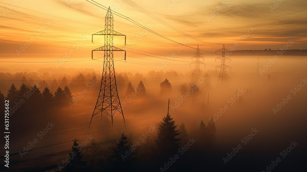 High voltage transmission tower foggy morning sunrise. Generative Ai