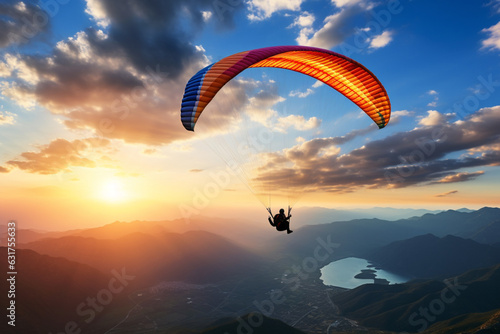 Unrecognizable paraglider flying across the sky with paragliding instructor