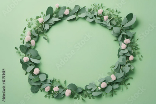 floral wreath with eucalyptus leaves, eucalyptus branches, green leaves on pink background. top view.