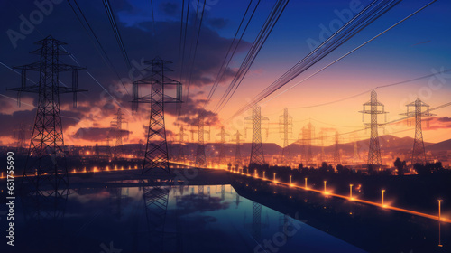 High voltage electric transmission tower at sunset. Generative Ai